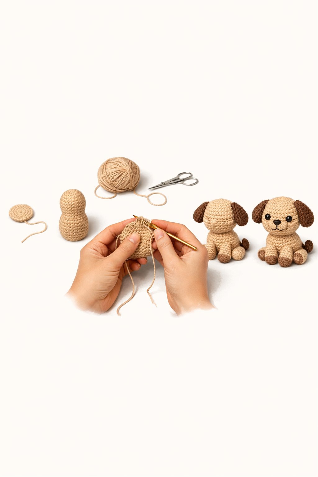 Hands crocheting a small puppy amigurumi with step-by-step stages of the puppy's creation shown around the hands.