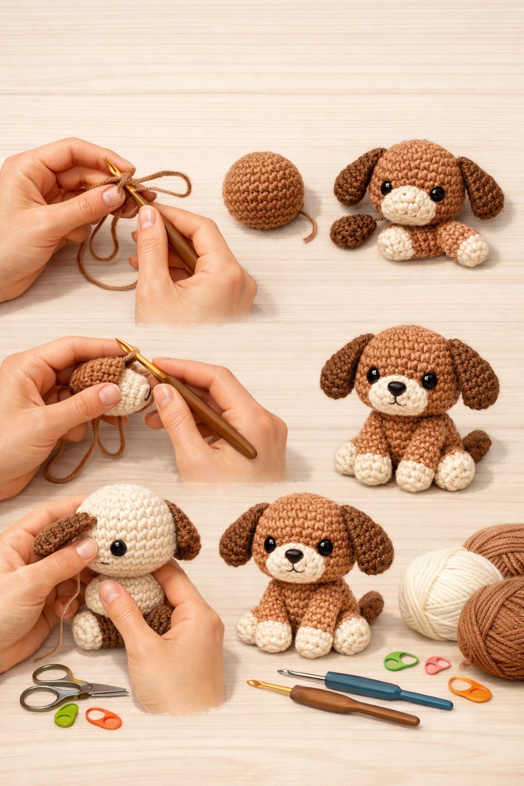 Hands crocheting a small dog figure with yarn and crochet tools on a clean workspace, showing different stages of the amigurumi puppy being made.