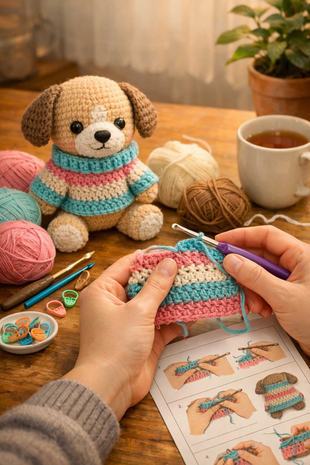 Hands crocheting a small dog sweater next to a stuffed puppy wearing the sweater, with yarn and crochet tools on a wooden table.