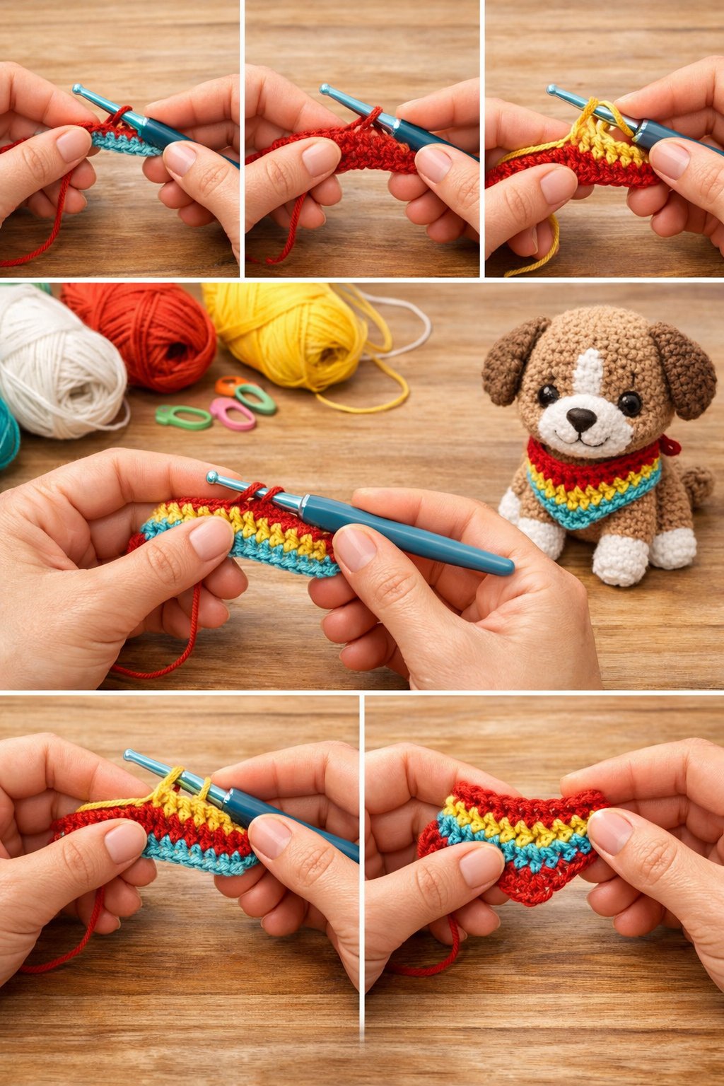 Hands crocheting a colorful dog bandana next to a small amigurumi puppy wearing the finished bandana, with crochet materials nearby.