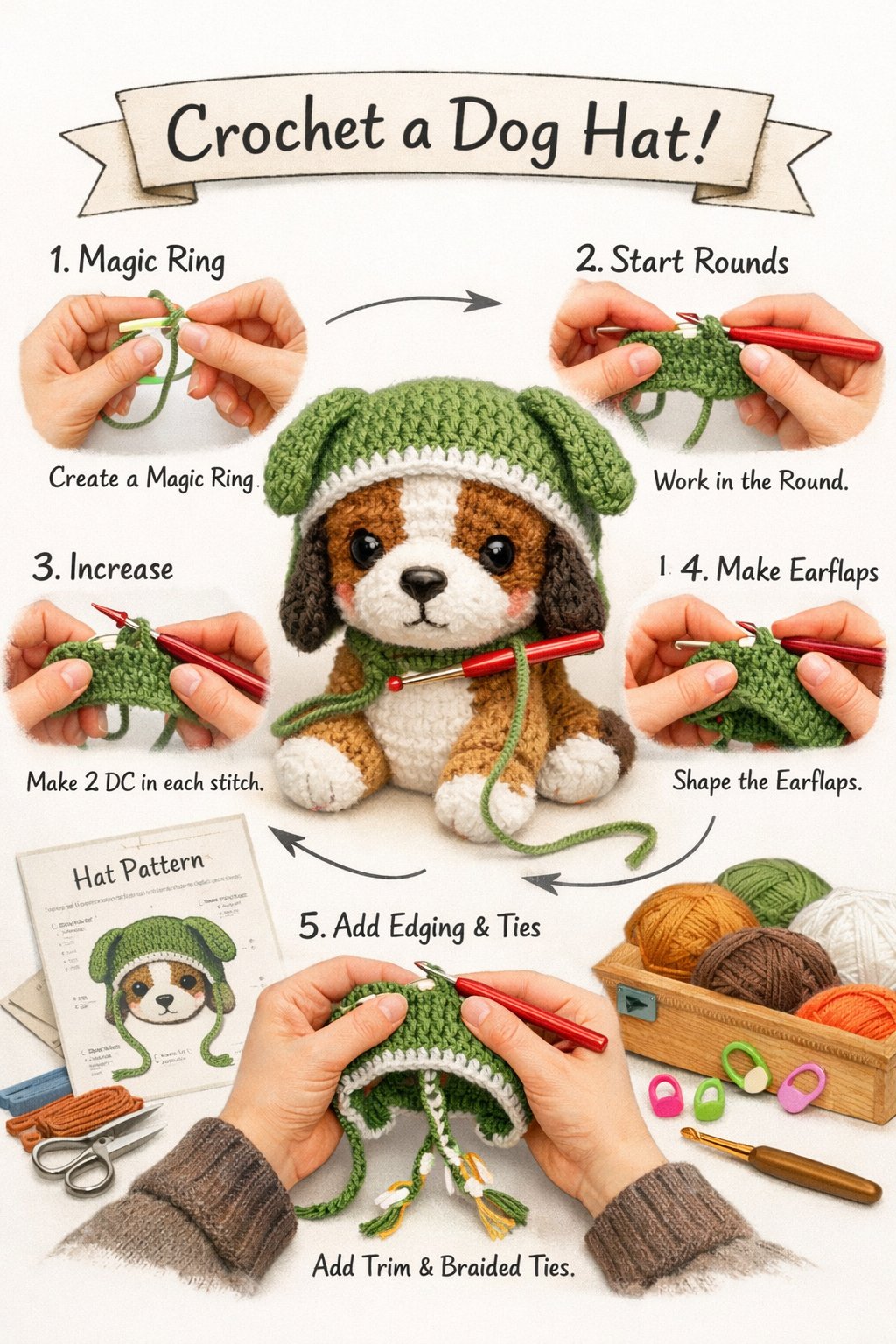 Hands crocheting a small hat on a cute stuffed puppy with crochet materials around.