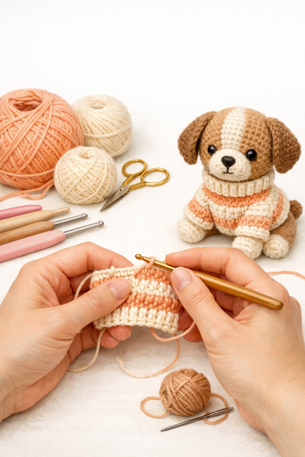 Hands crocheting a small dog jumper for an amigurumi puppy surrounded by yarn and crochet tools.