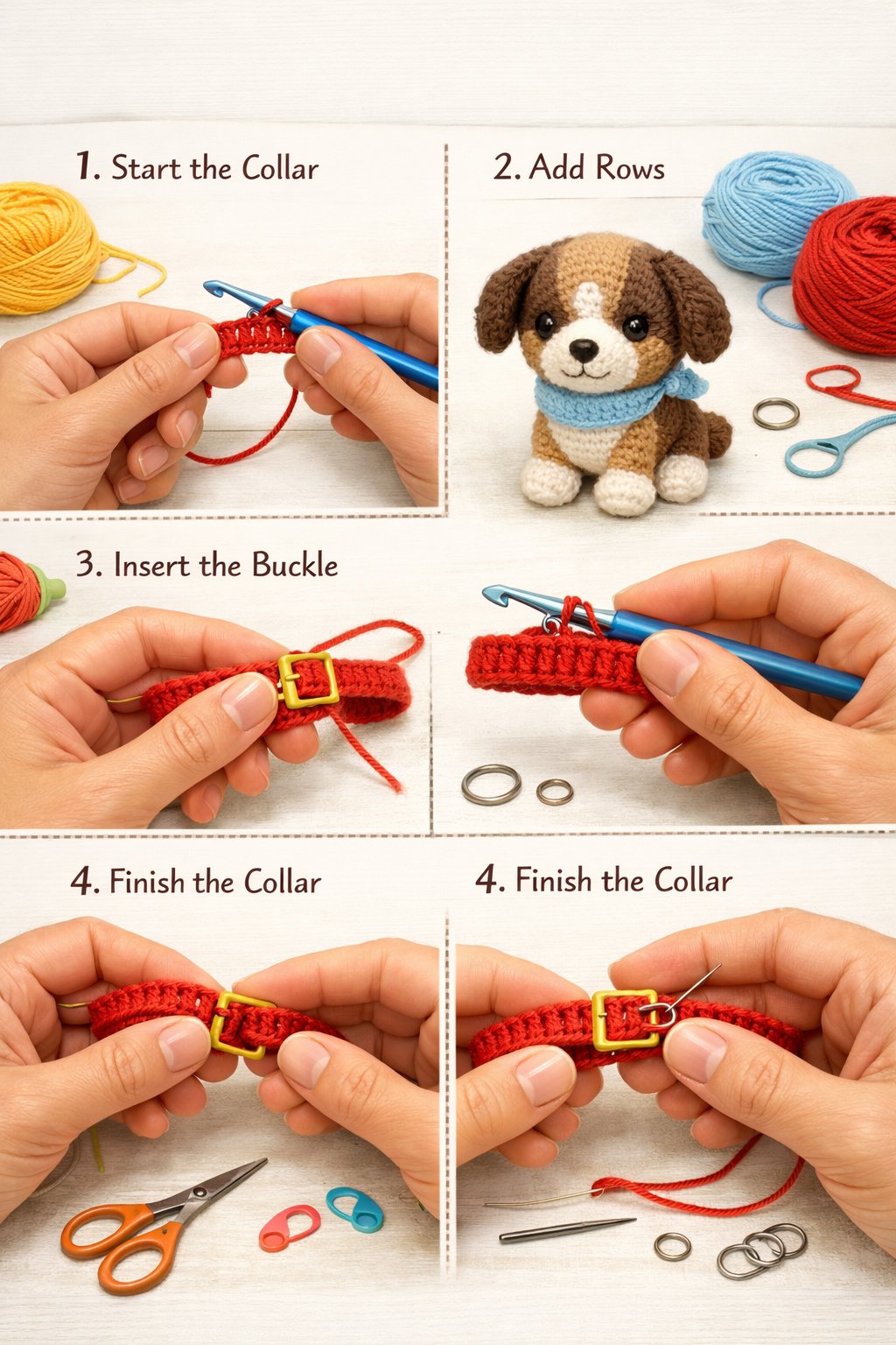 Hands crocheting a small dog collar next to a partially completed crocheted puppy with yarn and crochet tools on a clean workspace.