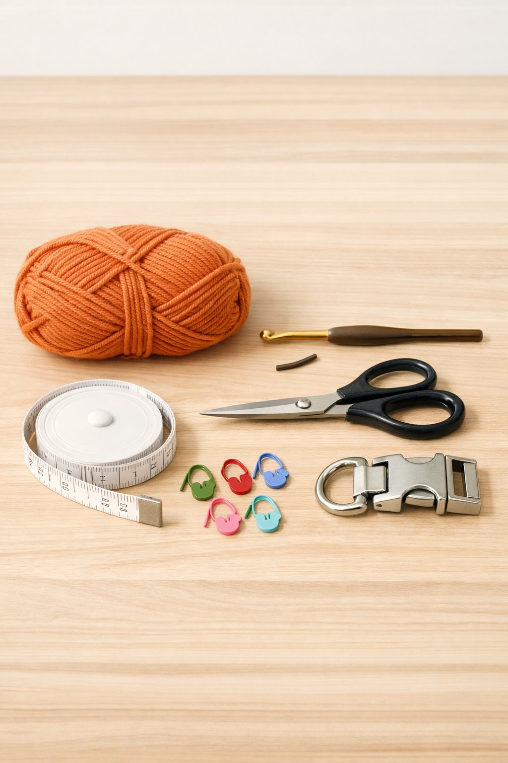 A set of crochet materials and tools including yarn, a crochet hook, scissors, stitch markers, a tape measure, and a clasp arranged on a table.
