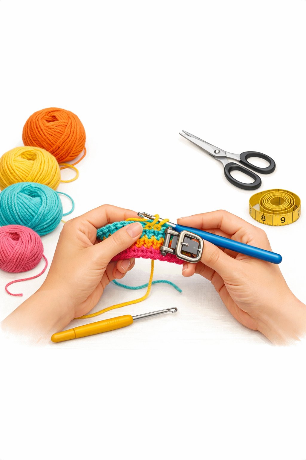 Hands crocheting a colorful dog collar with yarn, crochet hook, scissors, and measuring tape on a clean surface.