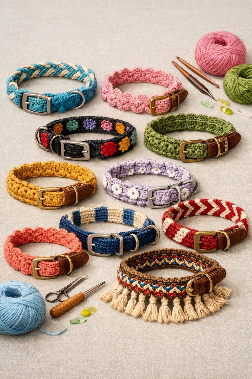 A display of various colorful crocheted dog collars arranged with crochet hooks and balls of yarn on a neutral background.