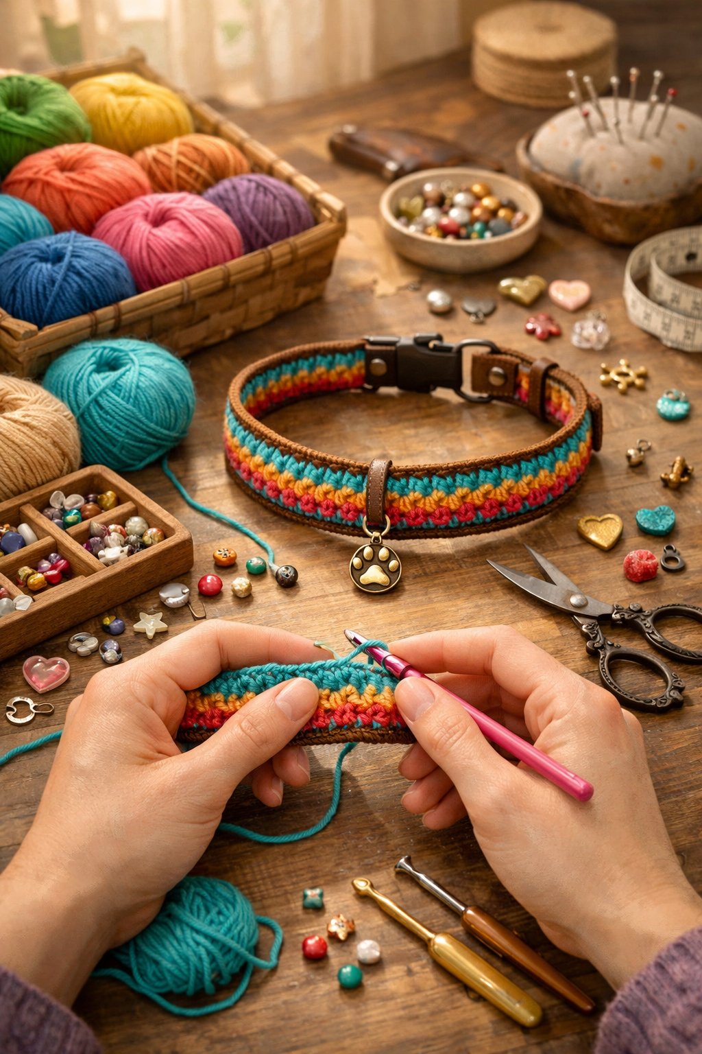 Hands crocheting a colorful dog collar on a crafting table with yarn, beads, and crochet tools nearby.