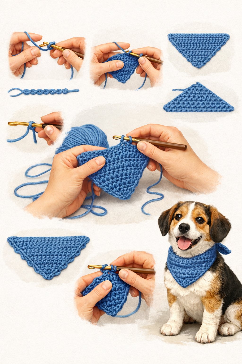 Hands crocheting a triangular dog bandana with yarn, with a dog wearing the finished bandana sitting nearby.