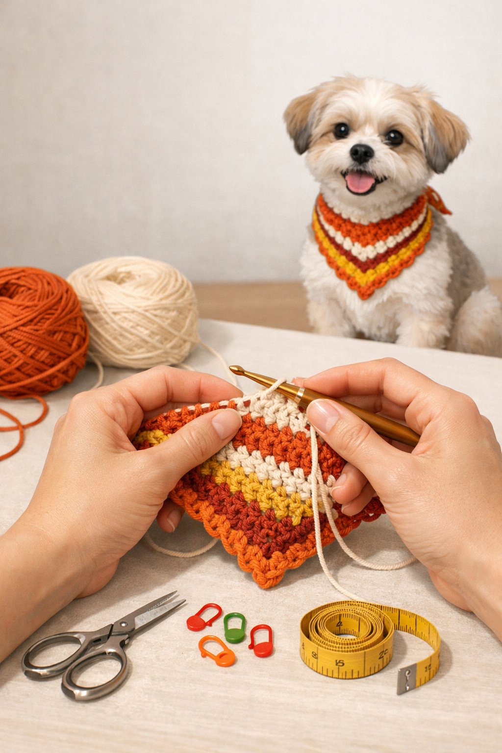 Hands crocheting a dog bandana with crochet tools nearby and a small dog wearing a finished bandana in the background.