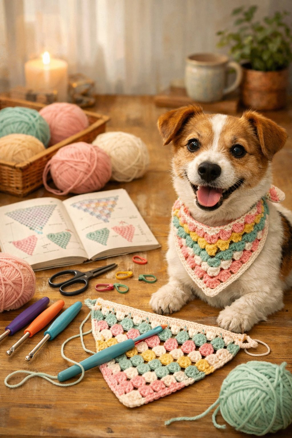 A small dog wearing a crocheted bandana sitting next to crochet supplies on a table.