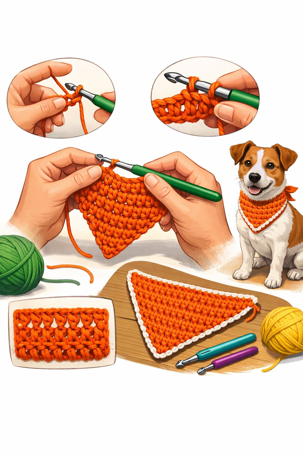 Hands crocheting a triangular dog bandana with yarn and crochet hooks nearby, and a small dog wearing a finished bandana sitting next to them.