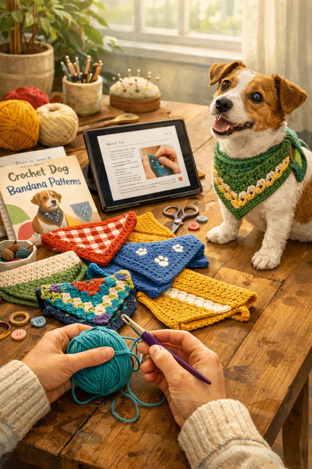 A person crocheting a dog bandana with colorful yarn and crochet hooks, surrounded by different bandana patterns and a dog wearing a bandana.