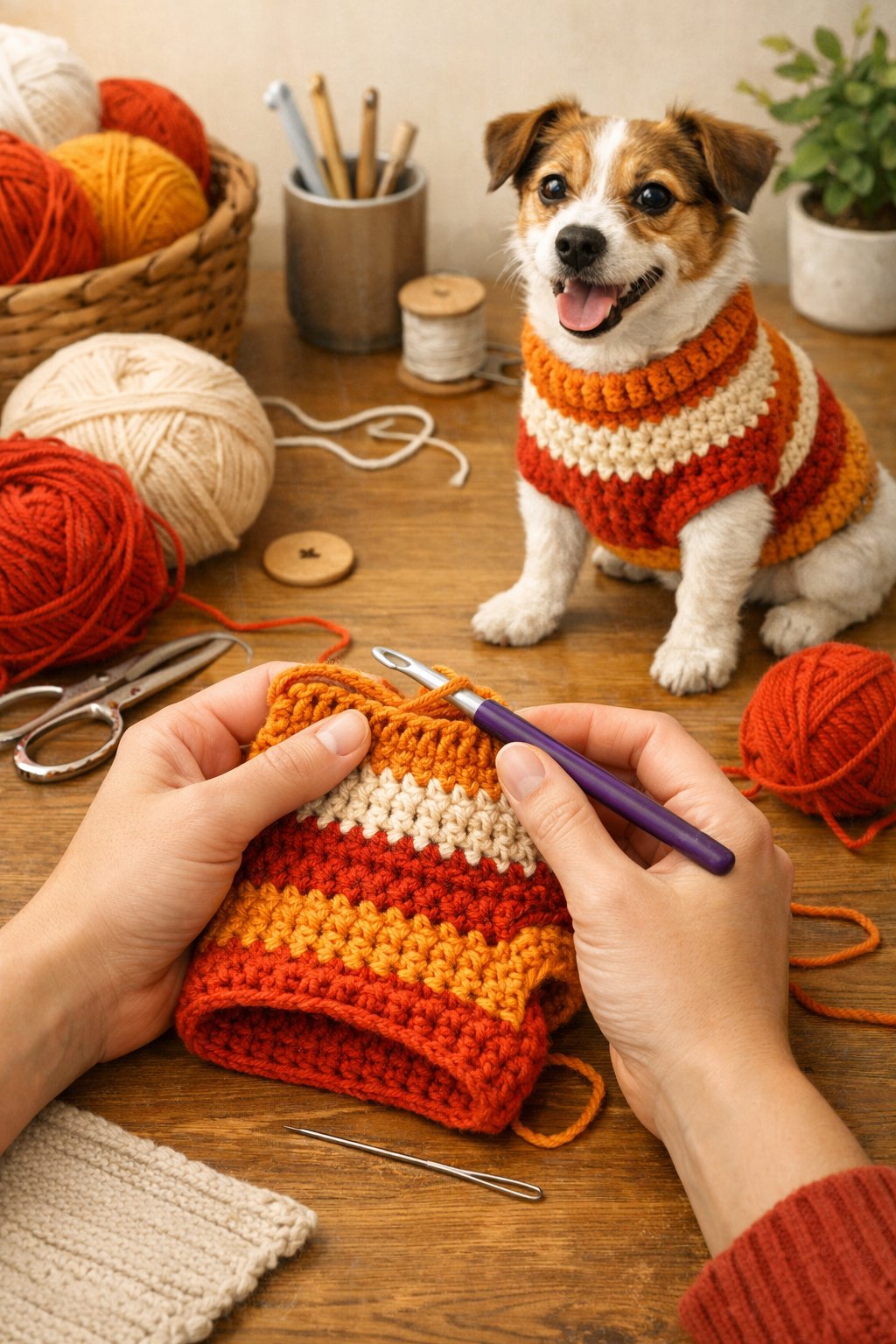 Hands crocheting a small dog jumper with yarn, next to a small dog wearing a finished jumper.
