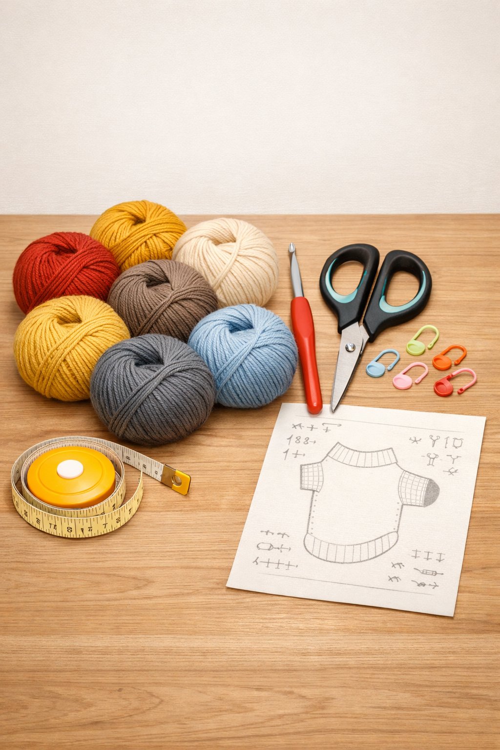 A neatly arranged set of yarn, crochet hook, scissors, stitch markers, measuring tape, and a pattern sheet on a wooden table, representing tools and materials for crocheting a dog jumper.