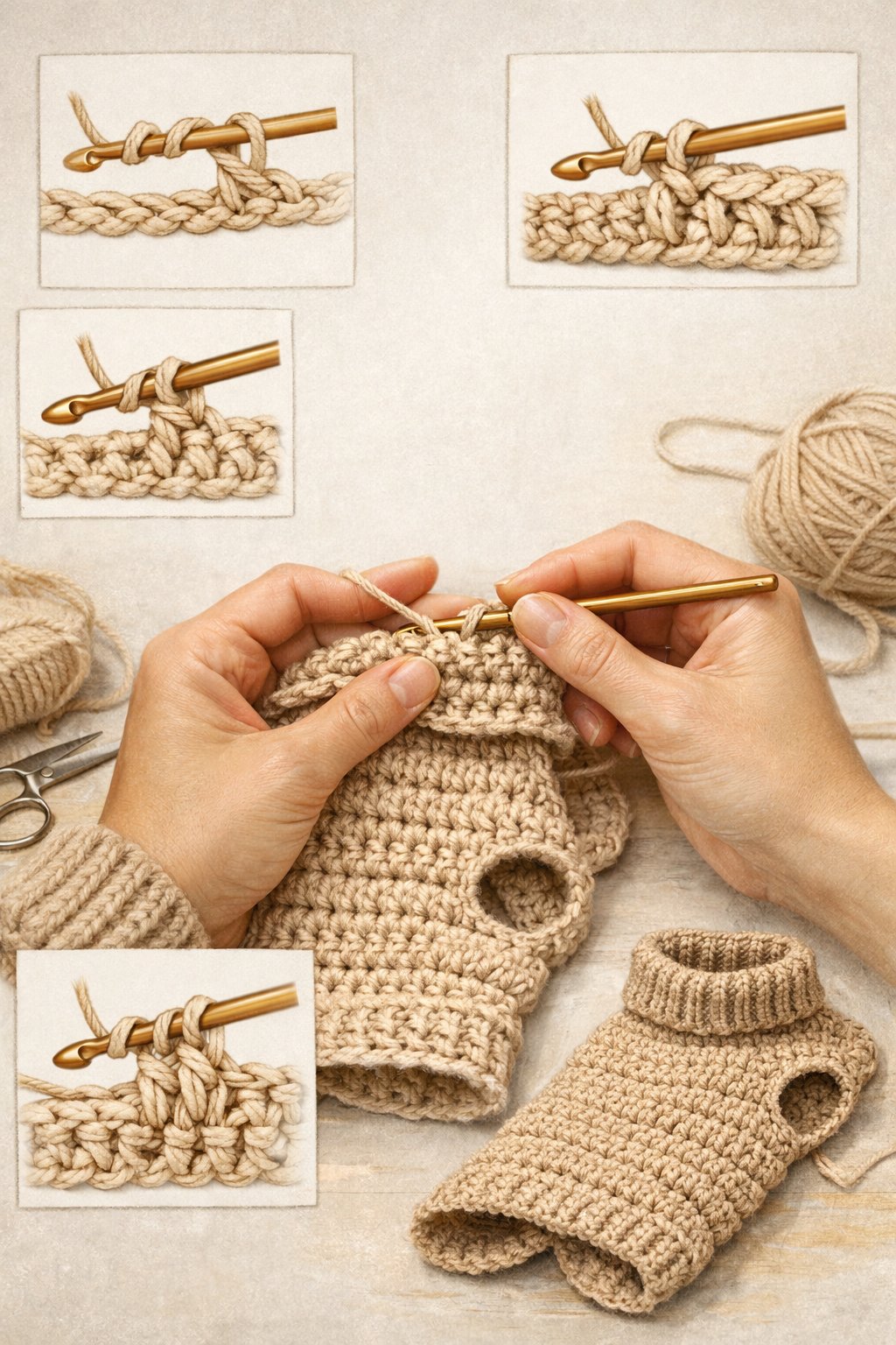 Hands crocheting a dog jumper with yarn and a crochet hook, showing various crochet stitches and a partially finished garment.