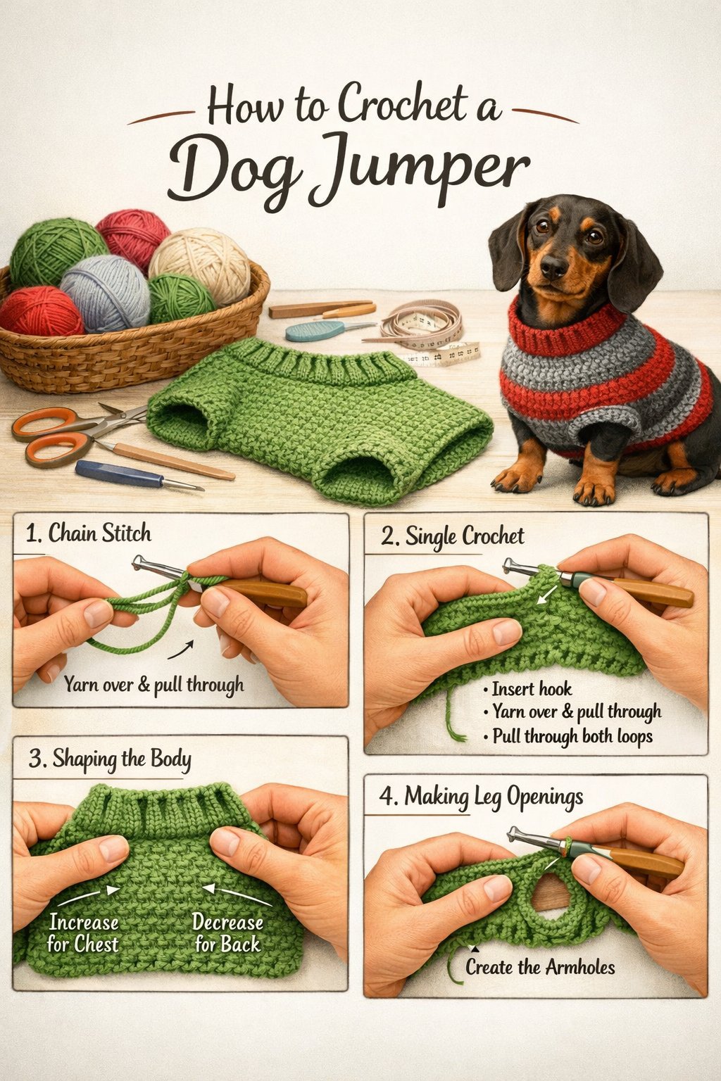 Hands crocheting a dog jumper with yarn and hooks nearby, a small dog wearing a finished jumper sits beside them.