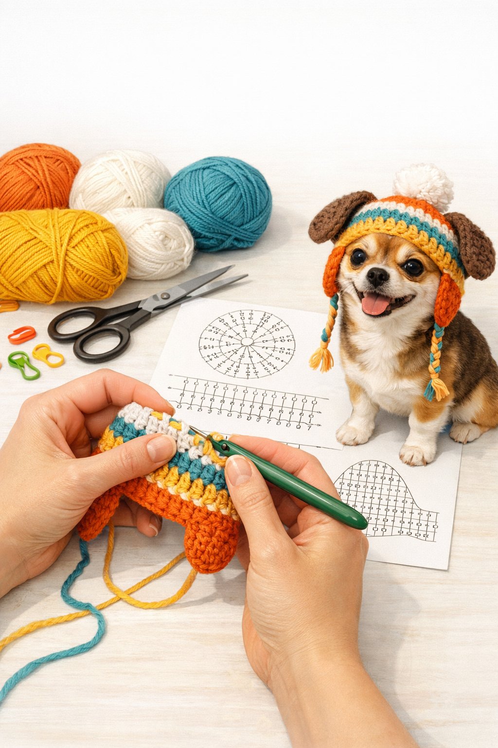 Hands crocheting a colorful dog hat with yarn and crochet tools nearby, and a small dog wearing the finished hat.