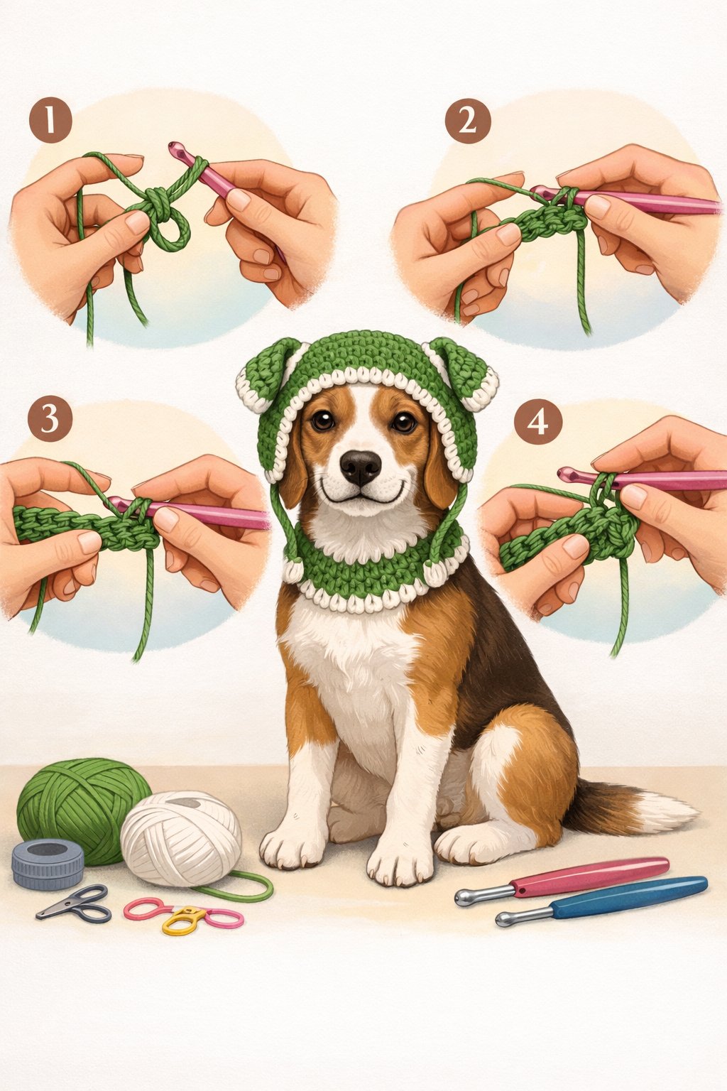 A dog wearing a partially crocheted hat with hands demonstrating crochet stitches nearby, along with yarn and crochet tools.
