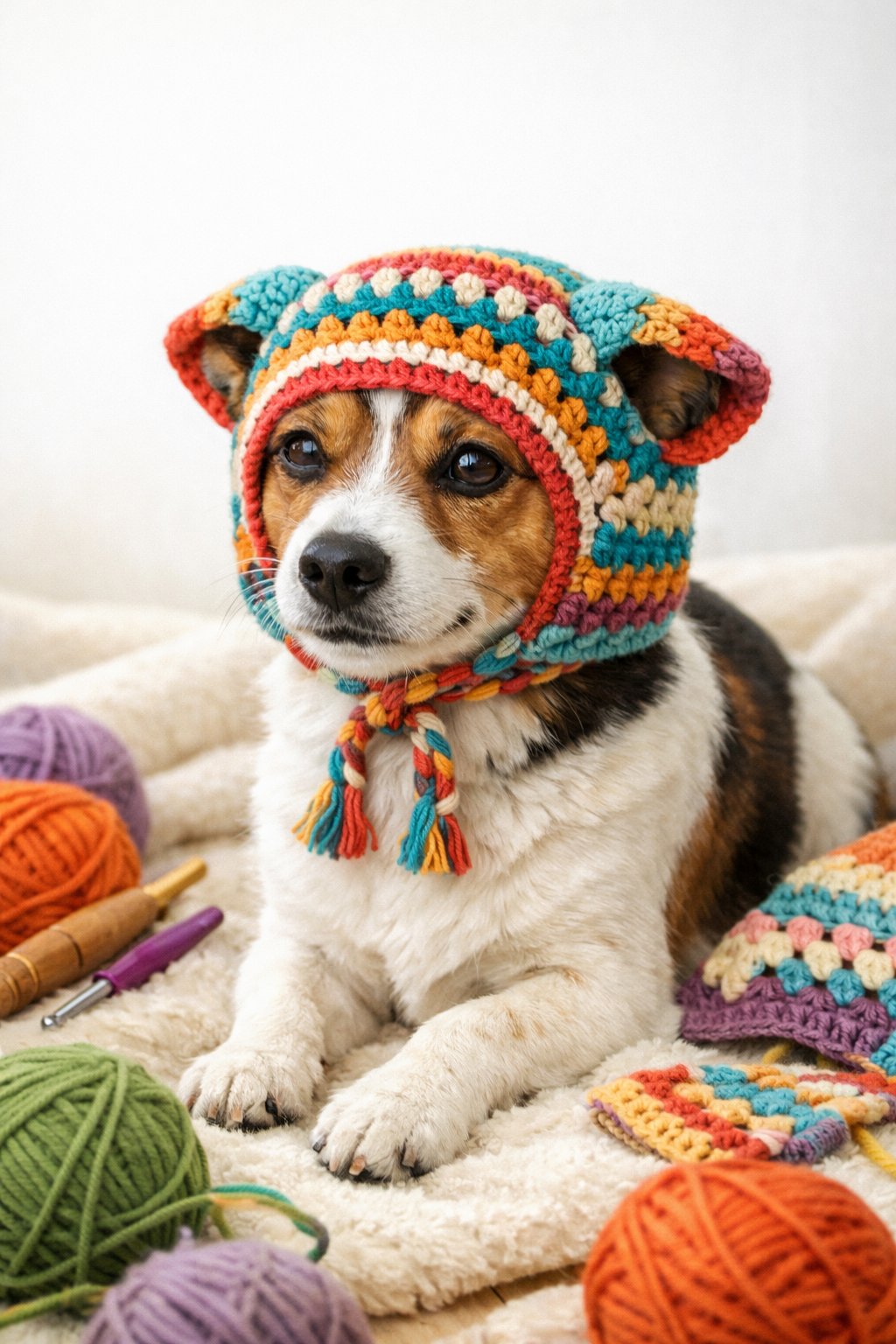 A small dog wearing a colorful crochet hat, sitting calmly with yarn and crochet hooks nearby.