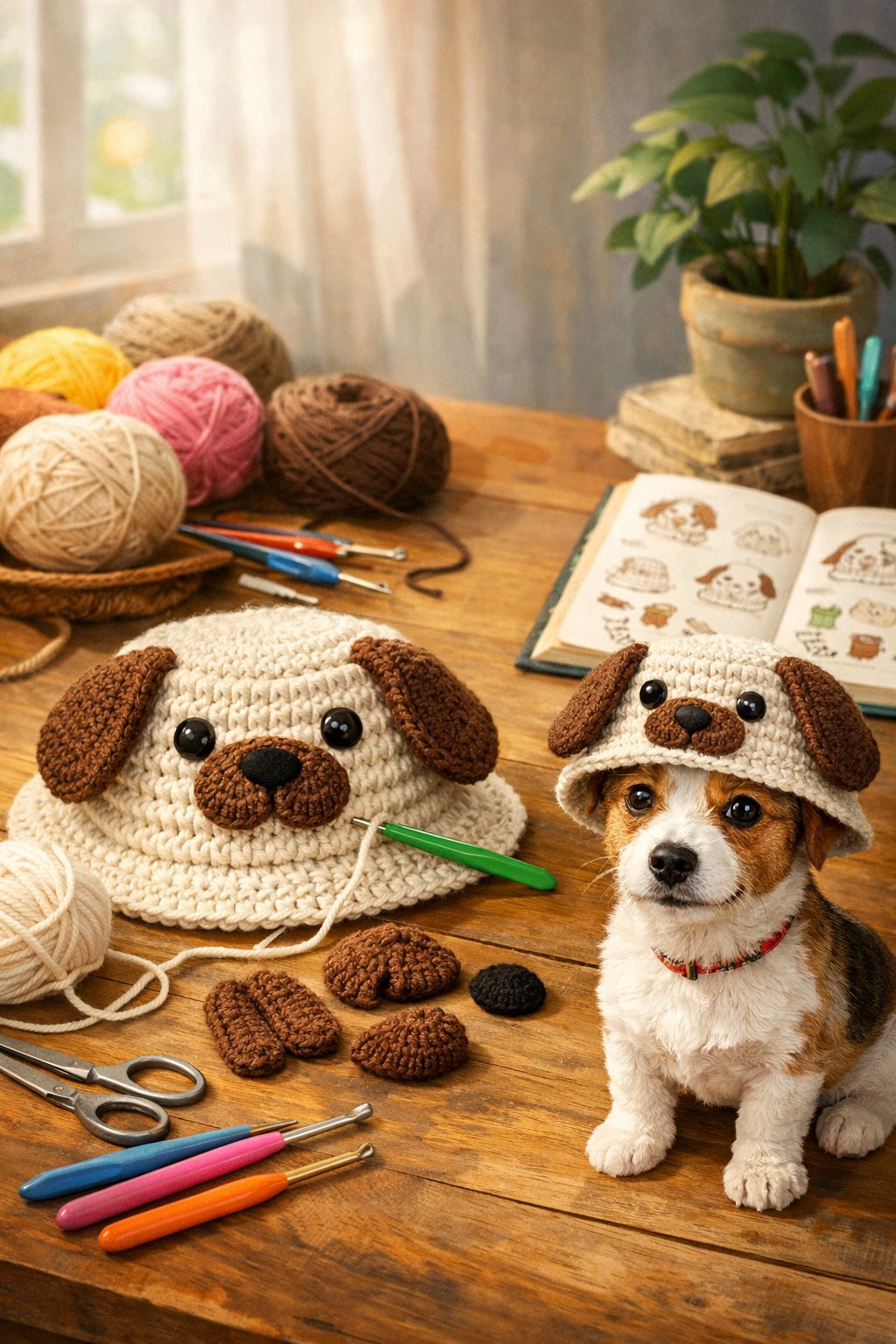 A small dog wearing a crocheted bucket hat sitting next to yarn and crochet tools on a wooden table.