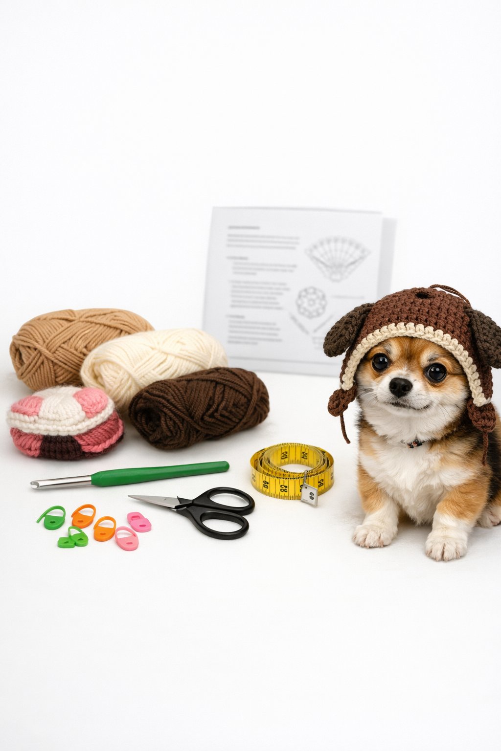 A collection of yarn, crochet hook, scissors, measuring tape, and stitch markers arranged next to a small dog wearing a partially completed crocheted hat.