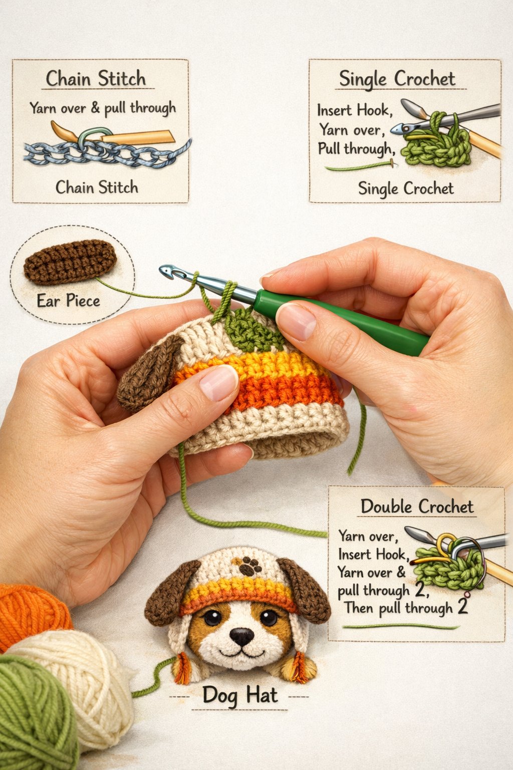 Hands crocheting a small colorful dog hat with yarn and a crochet hook, showing different crochet stitches.