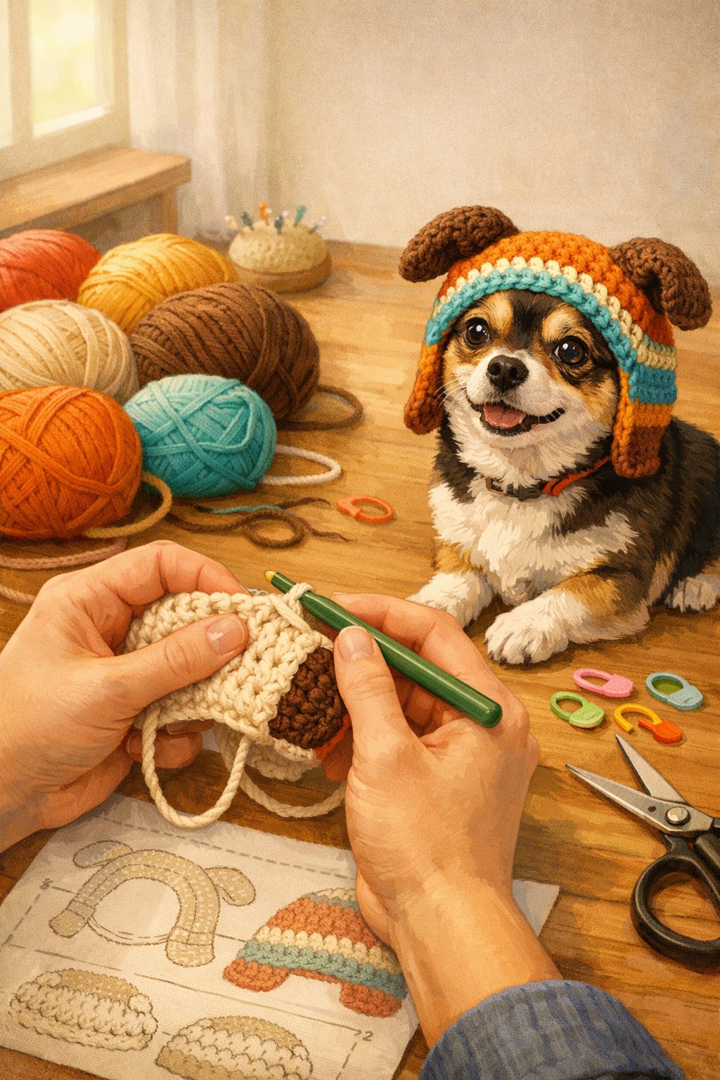 Hands preparing yarn and a crochet hook next to a small dog wearing a partially finished colorful hat on a wooden table with crochet supplies nearby.