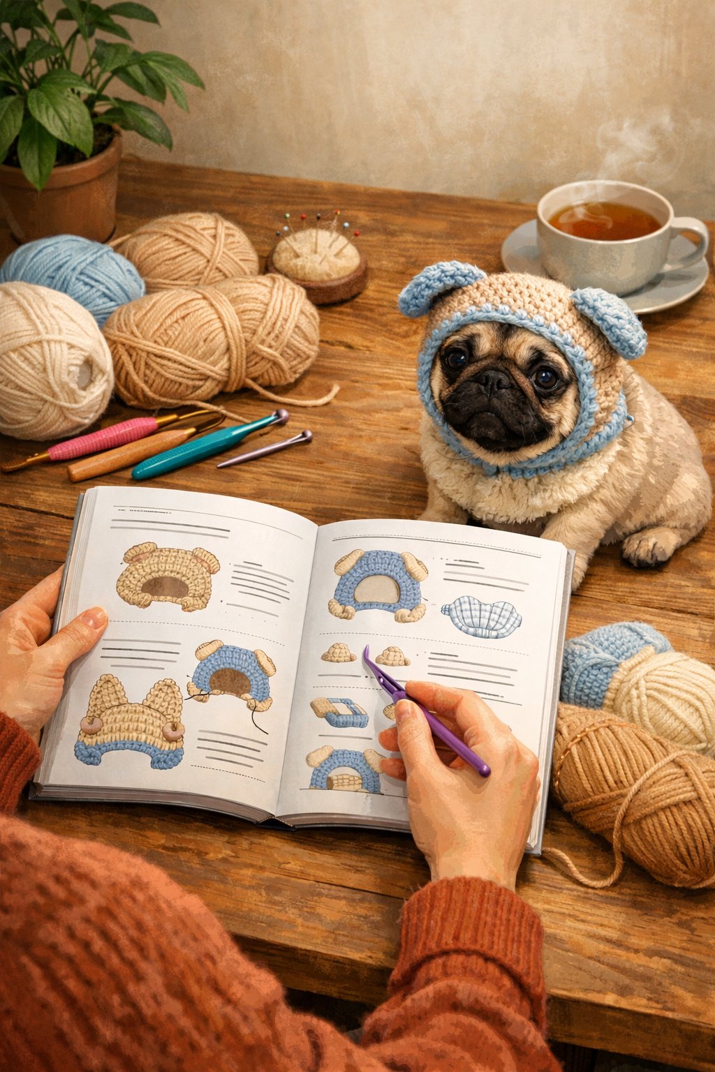 A person reading a crochet pattern at a table with yarn and a small dog wearing a crocheted hat nearby.