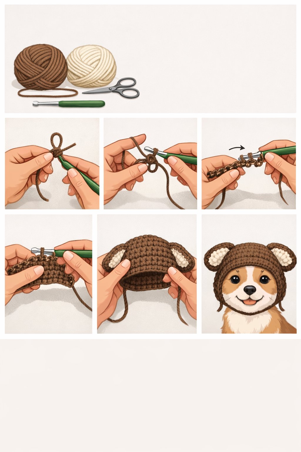 A series of illustrations showing the step-by-step process of crocheting a hat and placing it on a small dog.