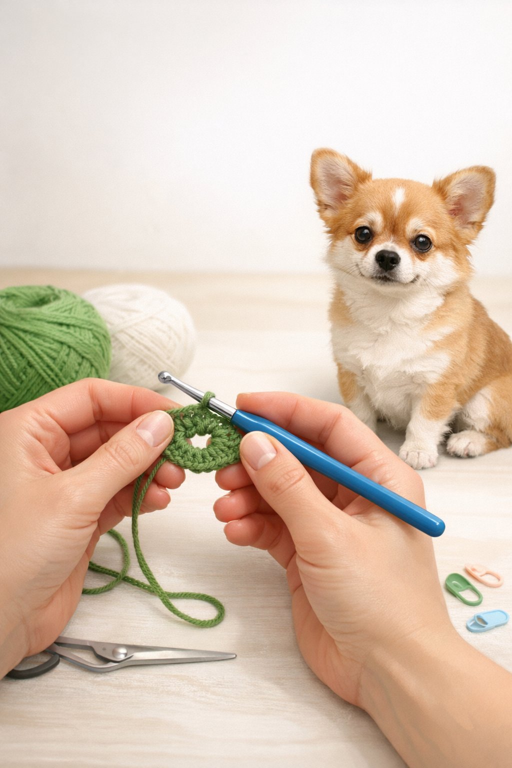 Hands crocheting the first rounds of a dog hat with a small dog sitting nearby.