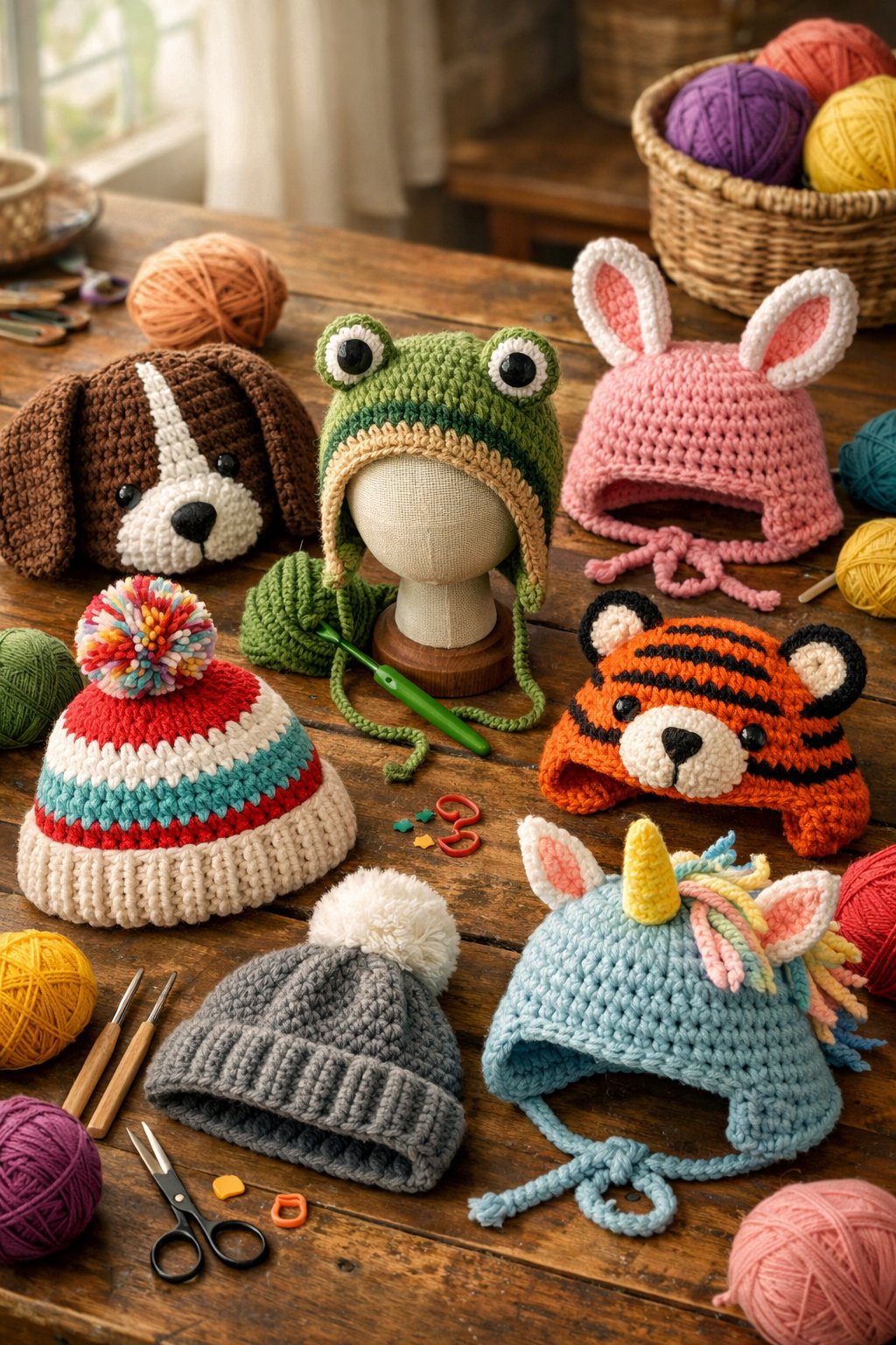 A collection of crochet dog hats displayed on a table with yarn and crochet tools nearby.