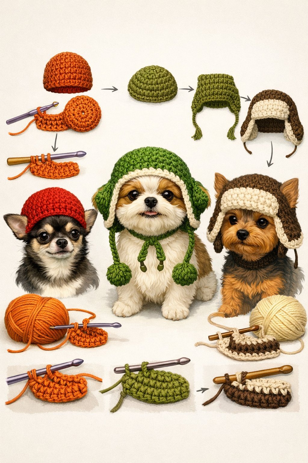 Several small dogs wearing different crocheted hats including a beanie, earflap, and bomber hat, surrounded by crochet hooks and yarn.