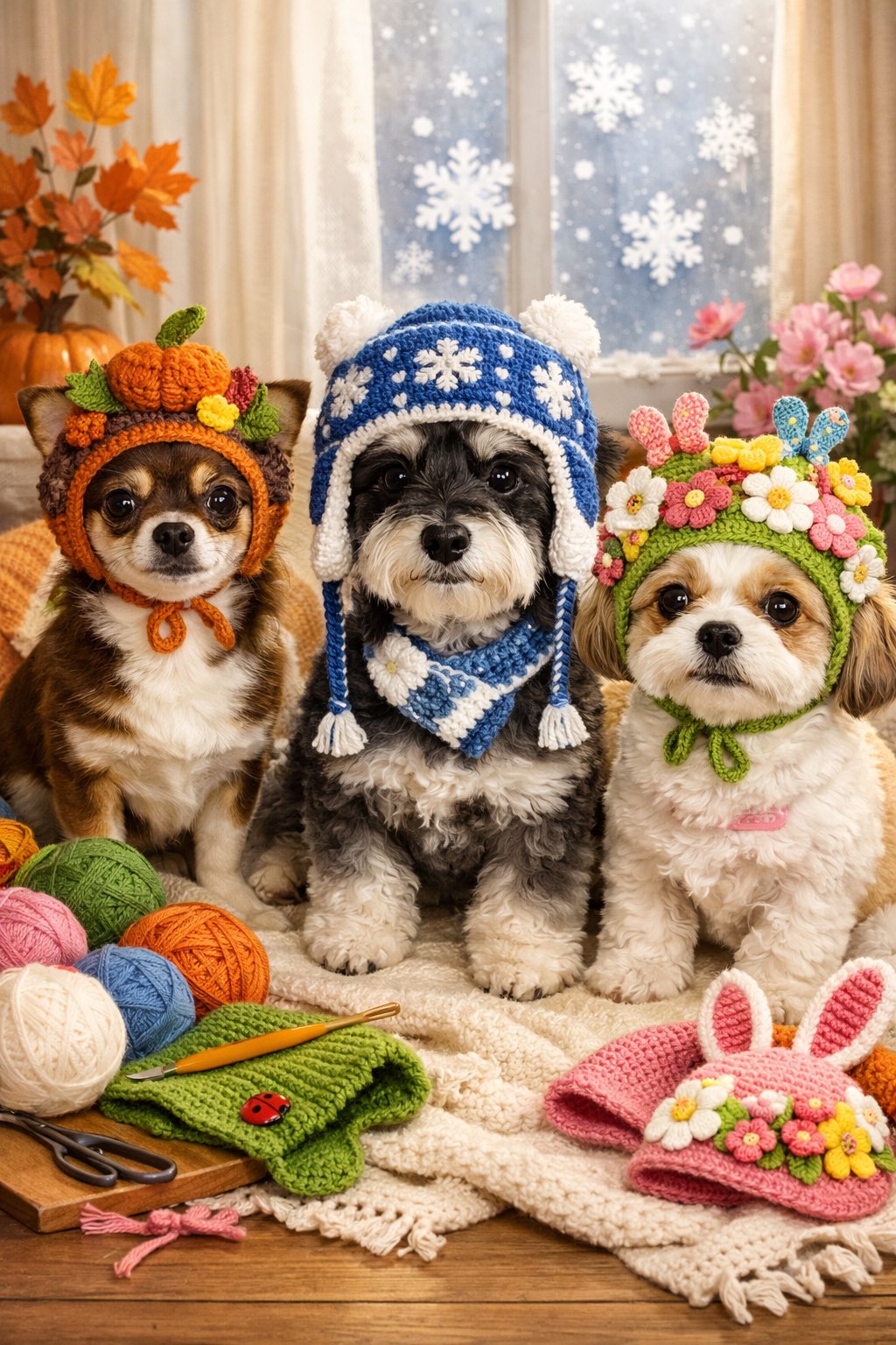 Three dogs wearing different crocheted hats representing autumn, winter, and spring, surrounded by yarn and crochet materials in a cozy indoor setting.