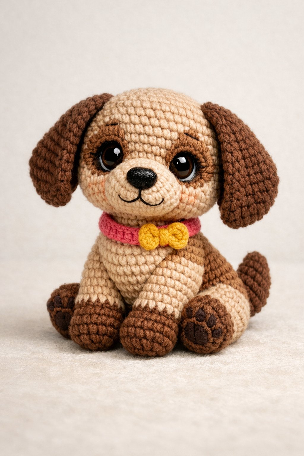 A small handmade crochet dog with floppy ears sitting on a soft surface.