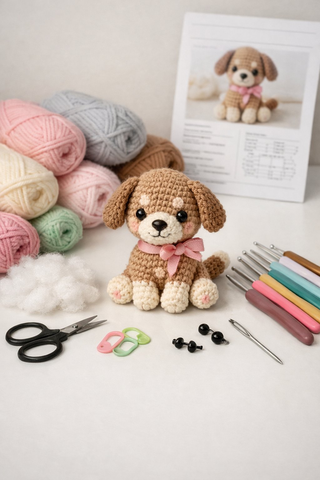 A workspace with yarn, crochet hooks, scissors, stitch markers, a crochet pattern, and a small crocheted dog figure.