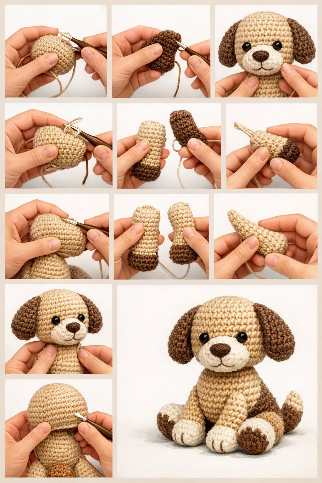 A series of images showing the step-by-step process of crocheting a small stuffed dog named Kimora.