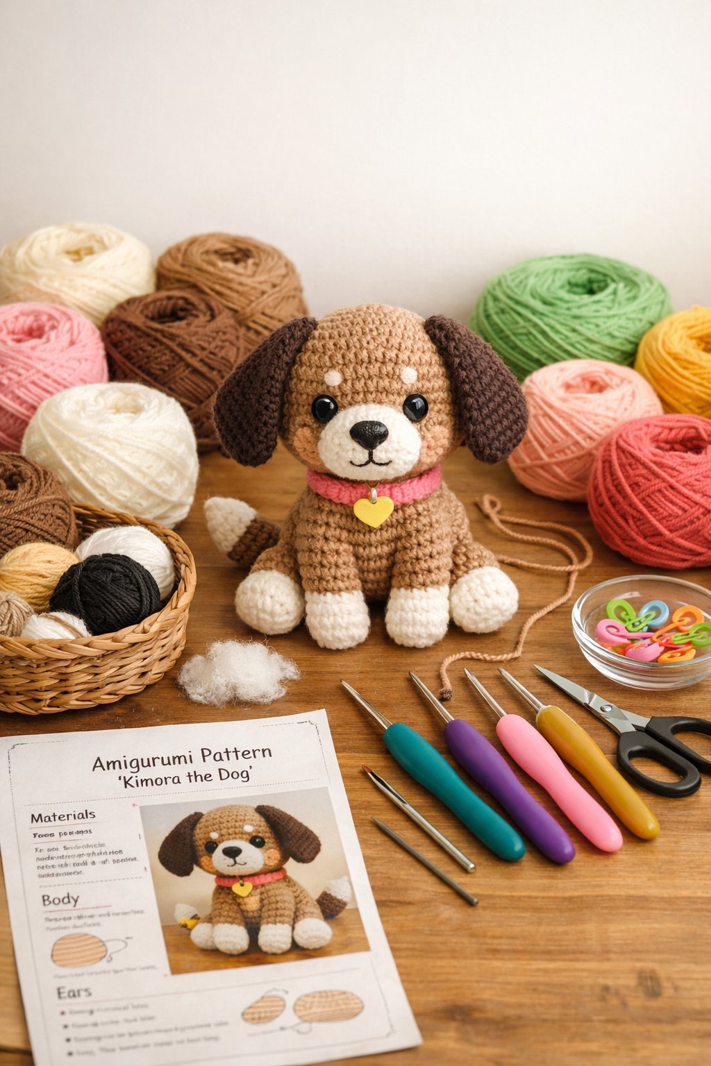 A workspace with colorful yarn, crochet tools, and a partially completed amigurumi crochet dog on a wooden table.