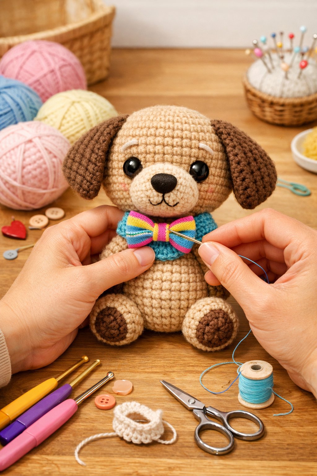 Hands attaching accessories to a small crochet dog on a wooden table surrounded by yarn and crochet tools.