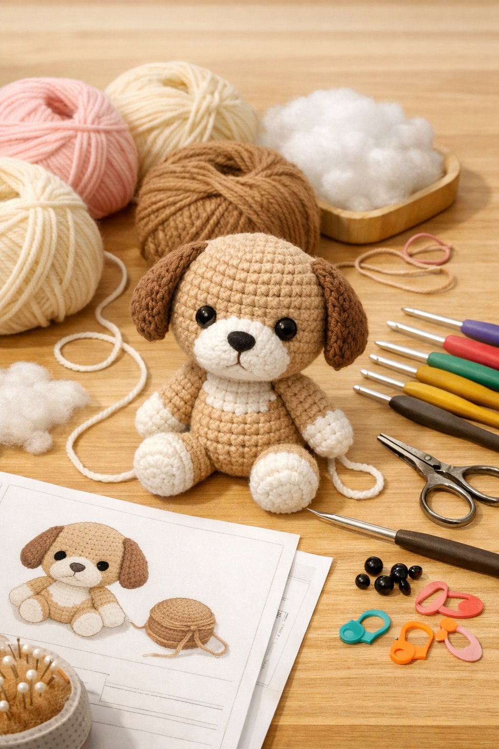 A workspace with crochet yarns, hooks, scissors, stitch markers, and a partially completed amigurumi dog on a wooden table.