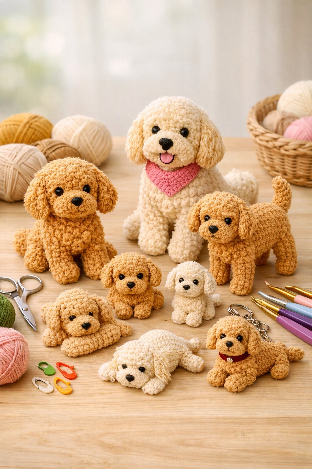A collection of crocheted Goldendoodle dogs in various poses on a table with yarn and crochet tools around them.