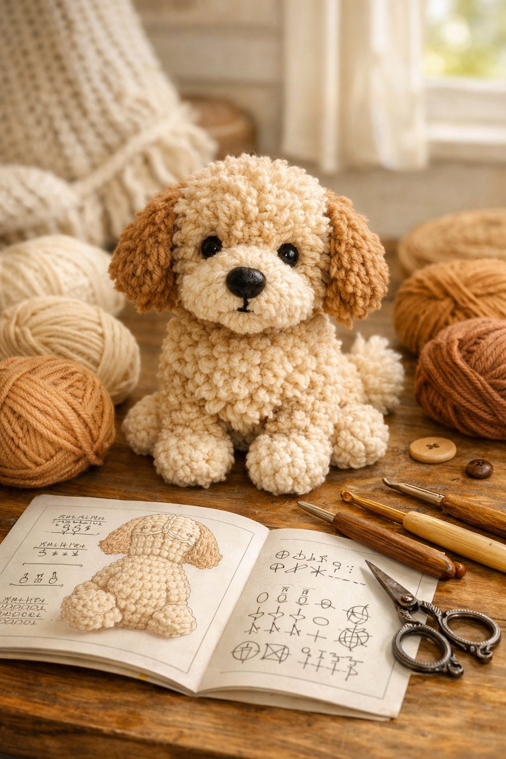 A close-up of a crocheted Goldendoodle dog figure surrounded by yarn, crochet hooks, scissors, and a pattern booklet on a wooden table in a cozy crafting space.