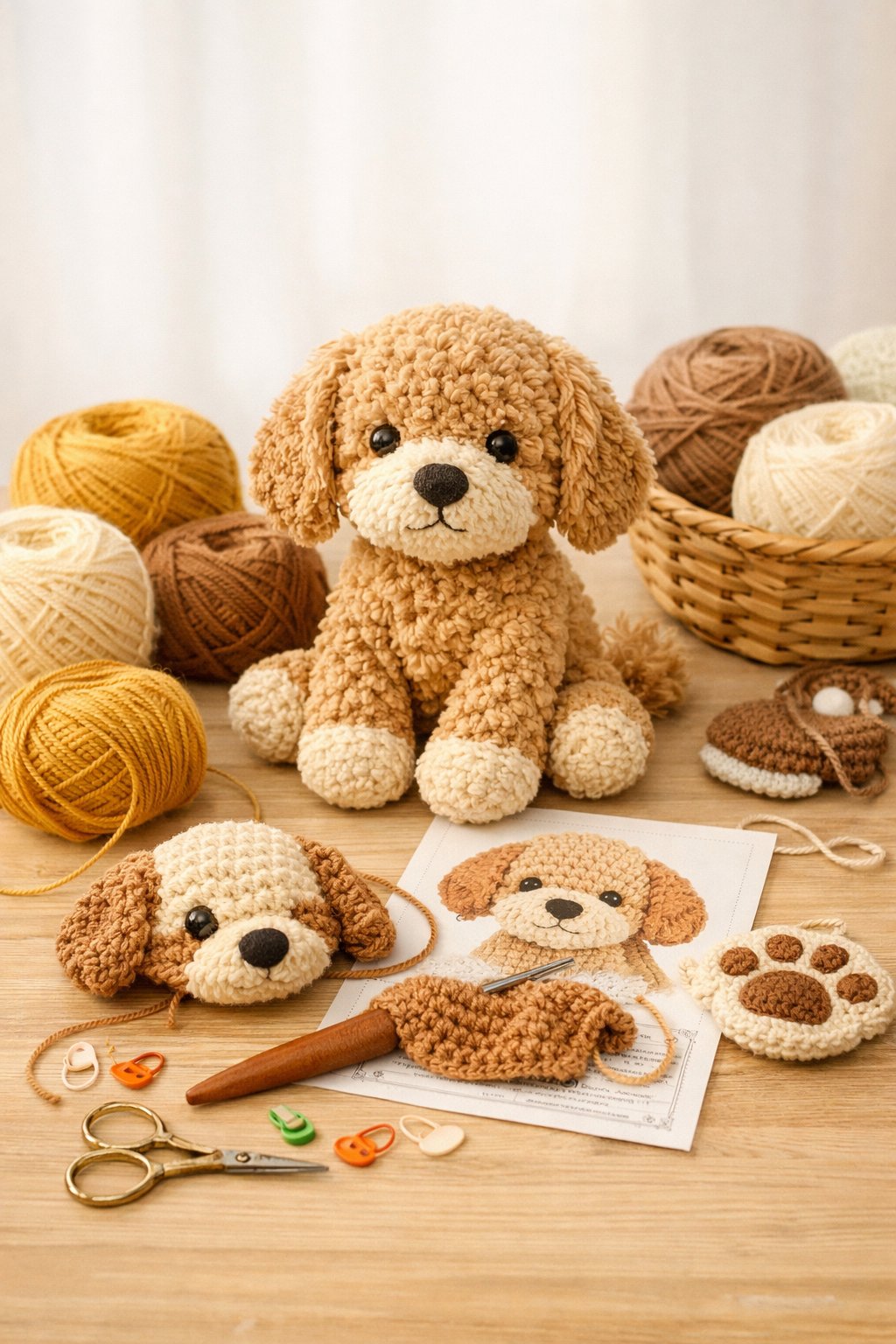 A crocheted goldendoodle plush toy surrounded by yarn, crochet hooks, and crafting tools on a wooden table.