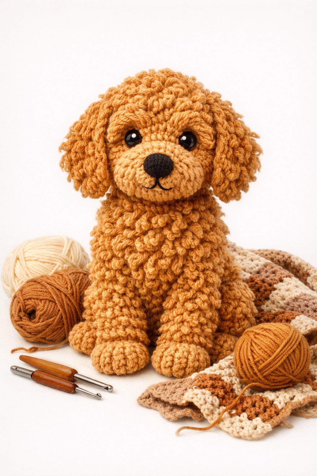 A crocheted Goldendoodle dog sitting with yarn and crochet hooks nearby.