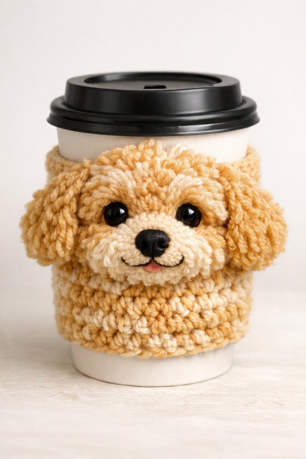 A coffee cup wrapped in a cozy sleeve shaped like a small Goldendoodle dog with curly fur and floppy ears.