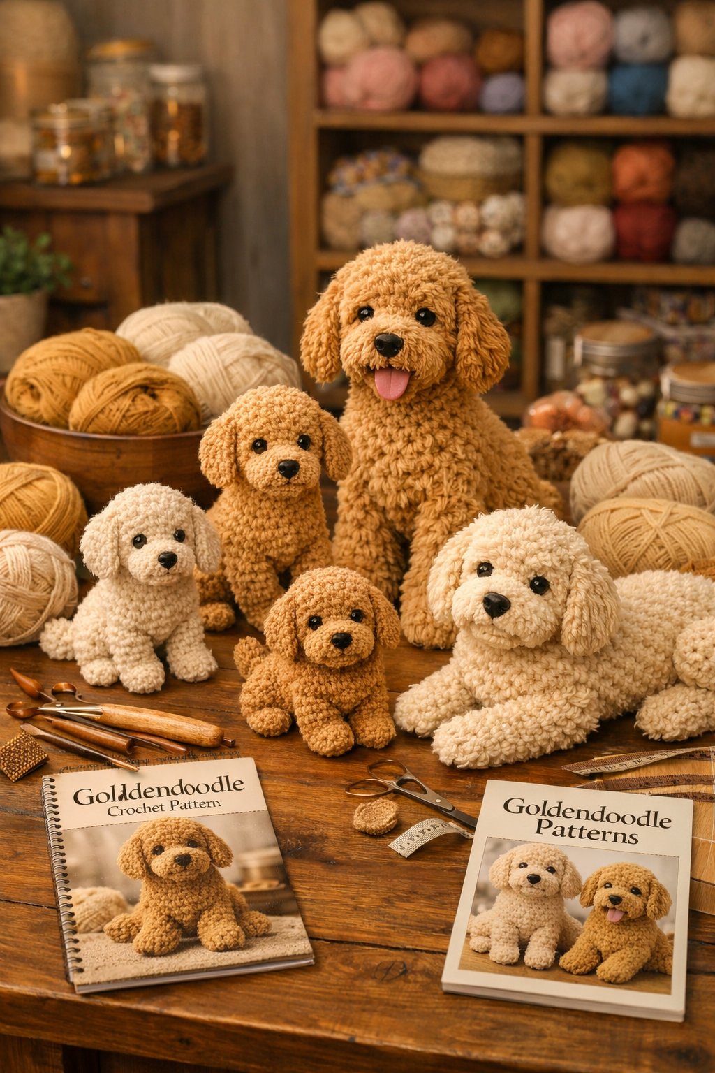 A table with several crocheted Goldendoodle dog figures, yarn skeins, crochet hooks, and pattern booklets in a cozy crafting room.