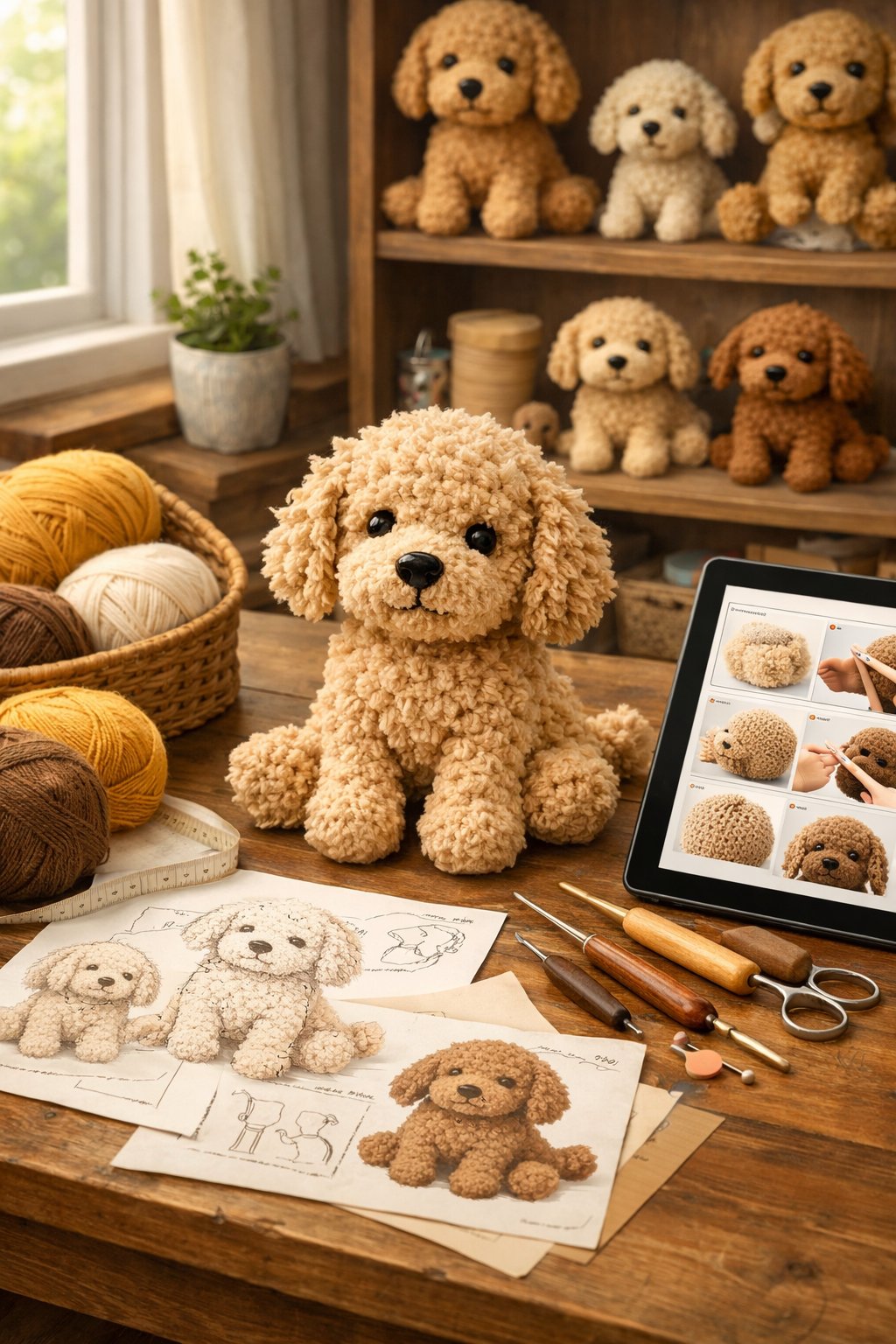A crafting workspace with yarn, crochet hooks, a partially completed Goldendoodle crochet toy, pattern sketches, and finished crochet toys on shelves.