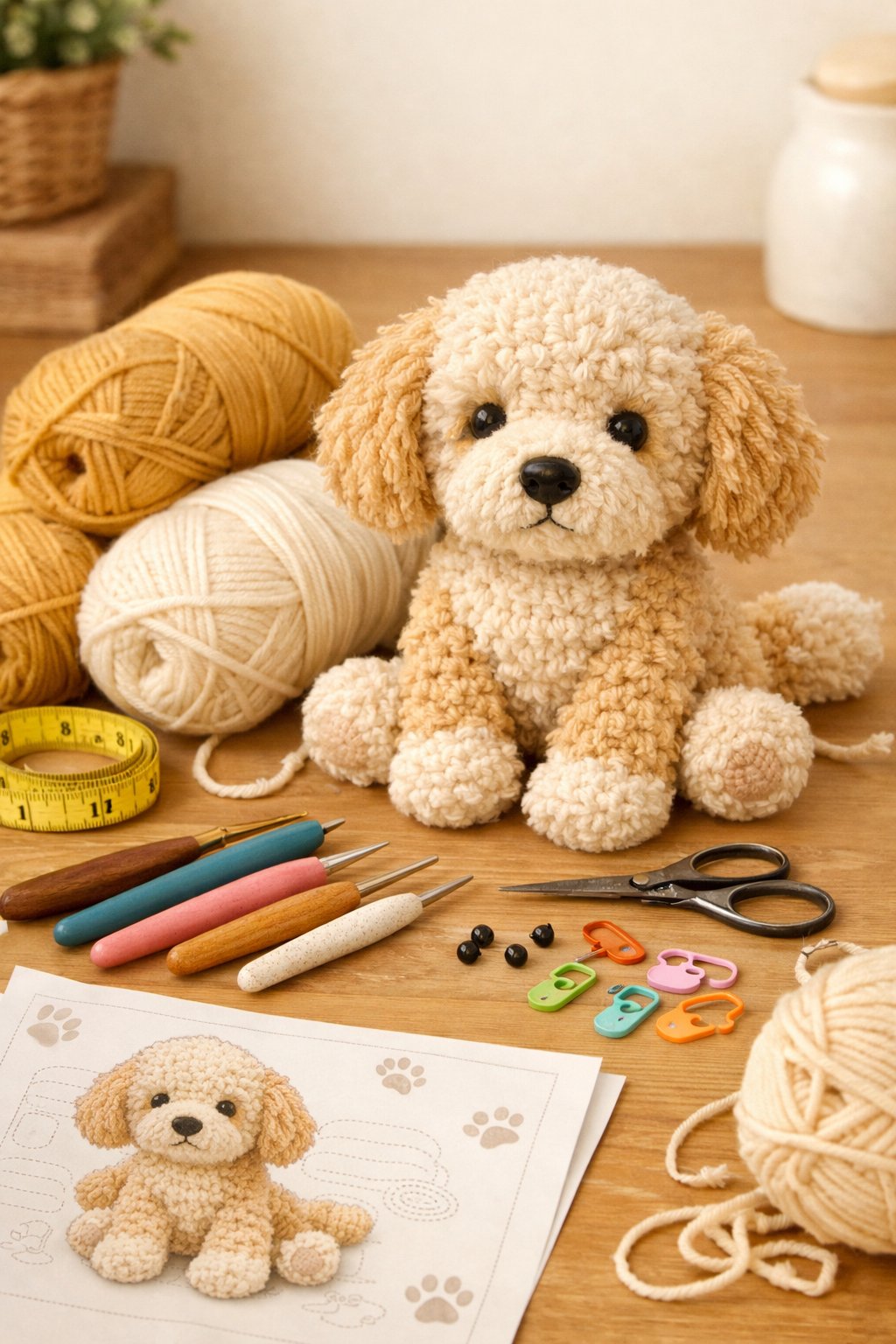 A crafting workspace with yarn, crochet hooks, scissors, and a partially crocheted Goldendoodle plush on a table.