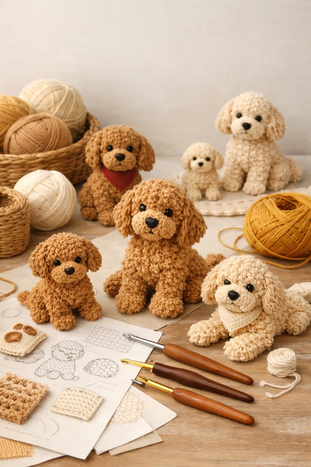 A workspace with several crocheted goldendoodle figures, yarn, crochet hooks, and pattern sketches arranged neatly.