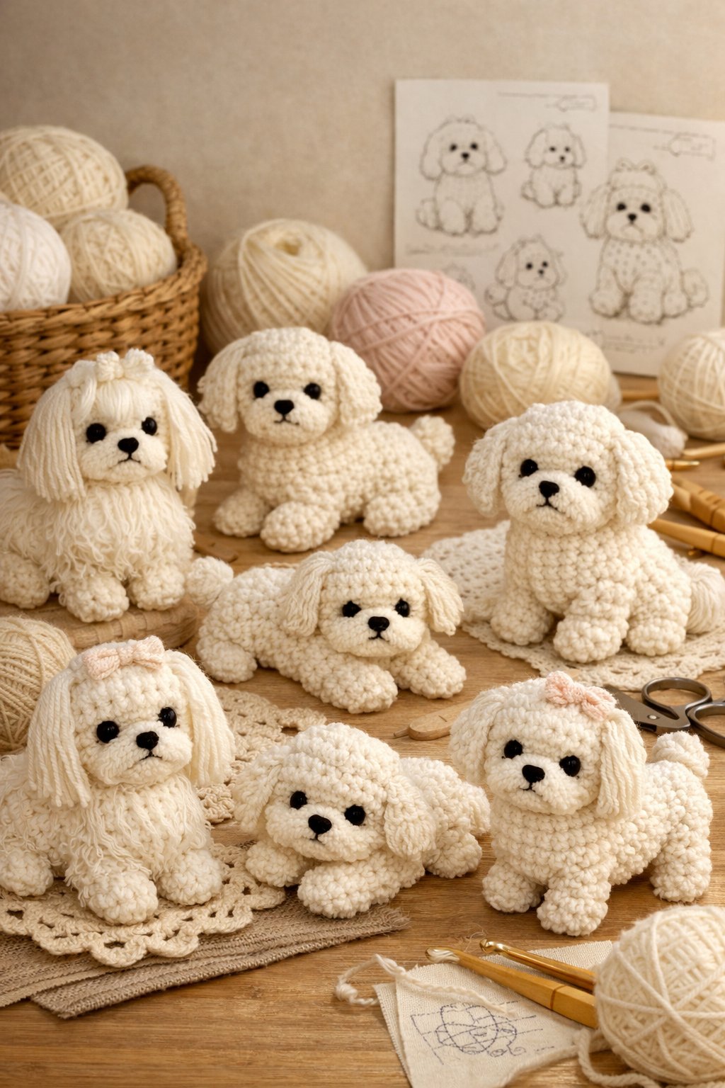 Several small crocheted Maltese dog figures displayed with yarn and crochet hooks on a neutral background.