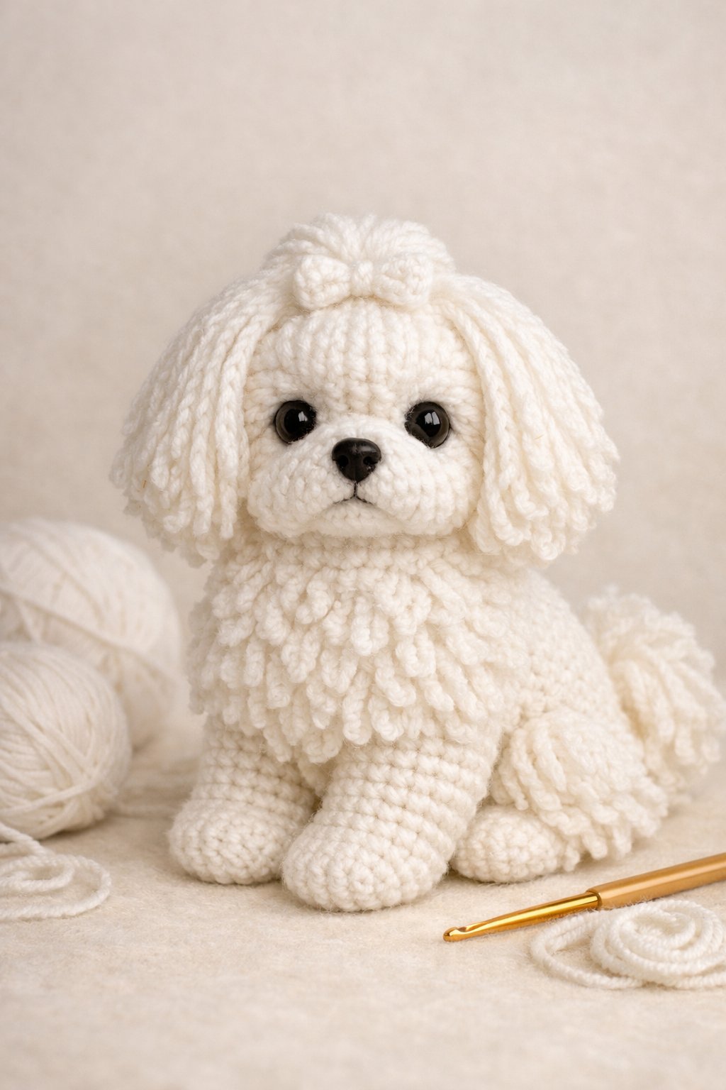 A white Maltese dog made from crochet yarn sitting with crochet tools nearby.